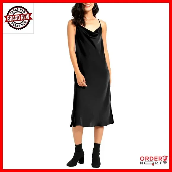 Satin Midi Slip Dress Silky Cowl Neck Adjustable Straps Elegant Formal Wear - Picture 1 of 7